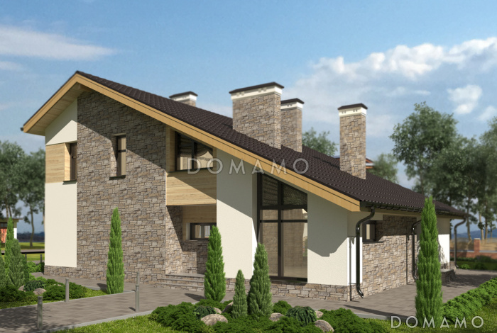 Проект дома с парной, террасой по длине дома, спальней на первом этаже, спортзалом