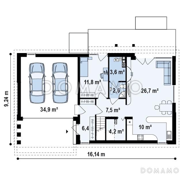 Проект одноэтажного мансардного дома из кирпича с кабинетом, тремя спальнями и гаражом на два автомобиля / План 1 этажа