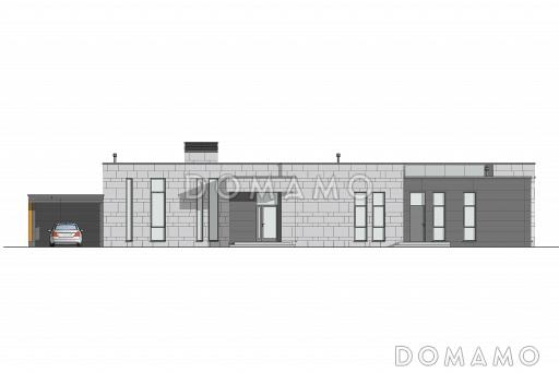 Проект одноэтажного дома с просторной дневной зоной, летней кухней на террасе, тремя спальнями и построчной / Фасад 1