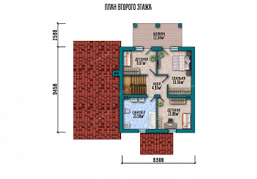 Проект дома с гаражом, тремя спальнями на мансарде и широким балконом / План мансардного этажа