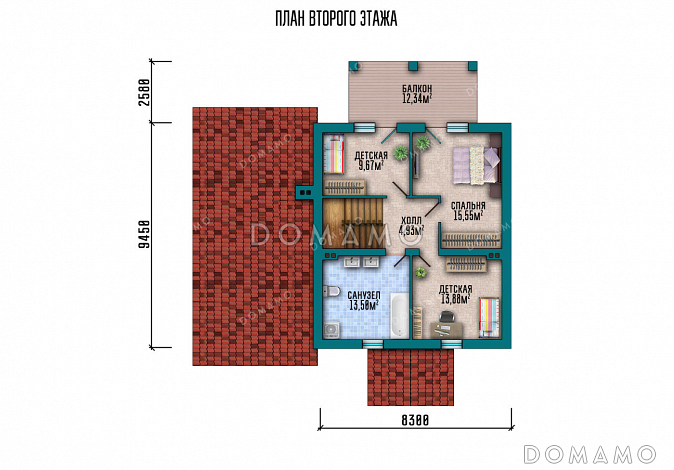 Проект дома с гаражом, тремя спальнями на мансарде и широким балконом / План мансардного этажа