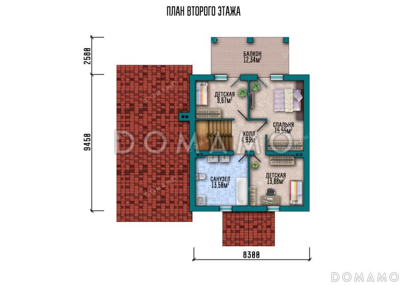 Проект дома с гаражом, тремя спальнями на мансарде и широким балконом / План мансардного этажа