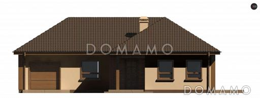 Проект небольшого одноэтажного дома из кирпича с тремя спальнями, красивой угловой террасой и гаражом / Фасад 1