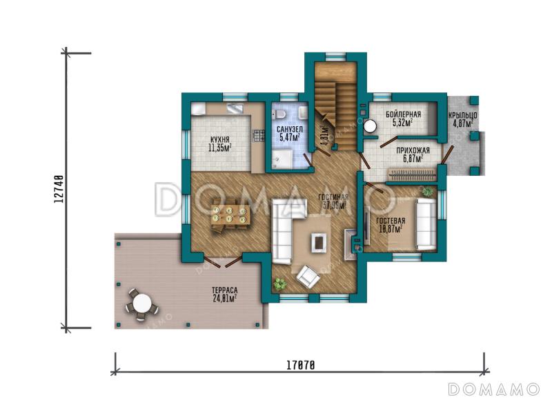 Проект дома с 4 спальнями на мансарде, балконом, террасой и гостевой комнатой на первом этаже / План 1 этажа