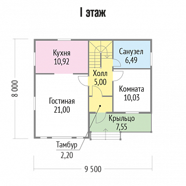 Проект яркого, каркасного дома с балконом на втором этаже / План 1 этажа Проект яркого, каркасного дома с балконом на втором этаже / План 1 этажа