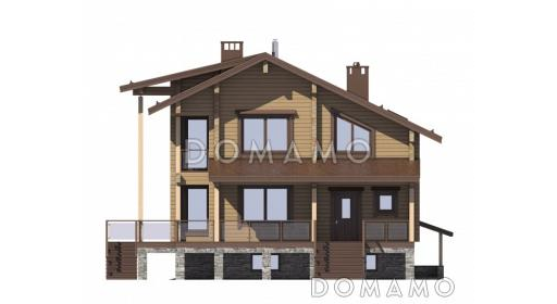 Проект особняка из бруса с цокольным этажем, тренажерным залом и панорамнымии окнами / Фасад 2