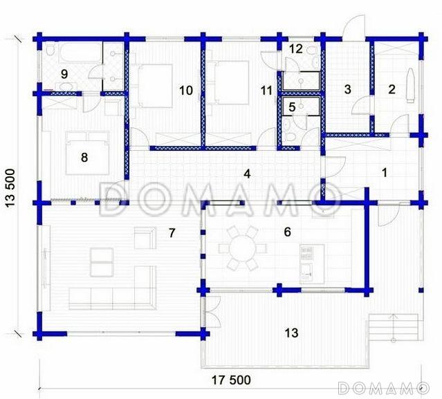 Проект дома из клееного бруса с широкими французскими окнами в пол / План 1 этажа