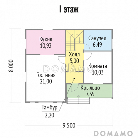 Проект яркого, каркасного дома с балконом на втором этаже / План 1 этажа Проект яркого, каркасного дома с балконом на втором этаже / План 1 этажа