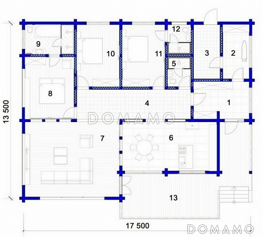 Проект дома из клееного бруса с широкими французскими окнами в пол / План 1 этажа Проект дома из клееного бруса с широкими французскими окнами в пол / План 1 этажа