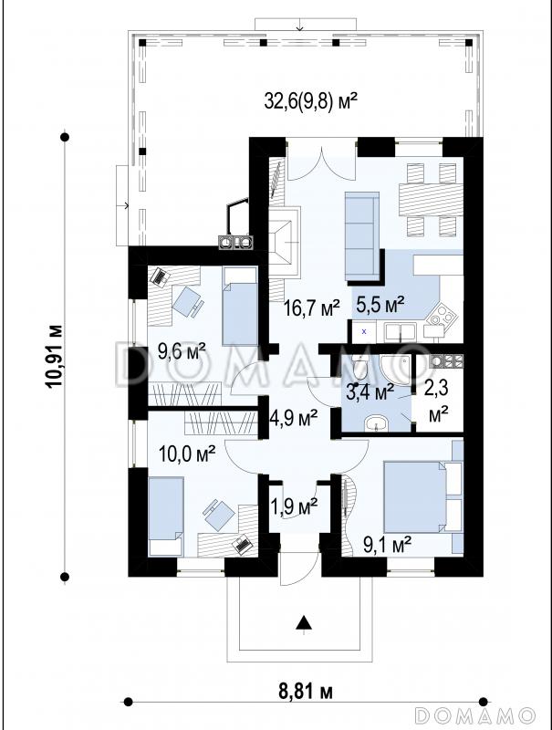 Проект компактного одноэтажного дома из газобетона с барбекю на большой террасе / План 1 этажа