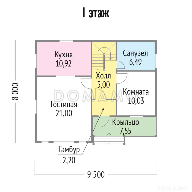 Проект яркого, каркасного дома с балконом на втором этаже / План 1 этажа