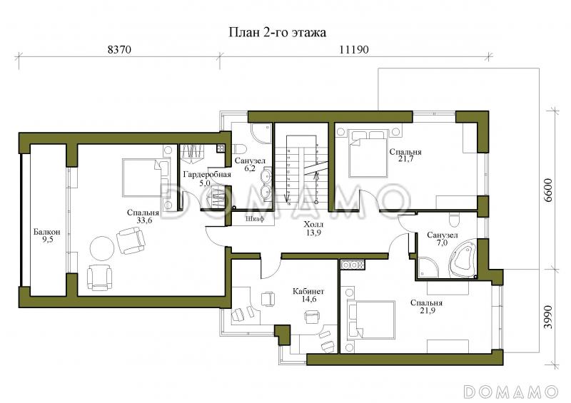 Проект трехэтажного дома в стиле хай-тек с гаражом на две машины и балконом над ним / План 2 этажа