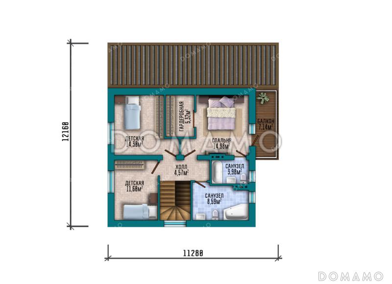Проект дома с мастер-спальней, крытой и открытой террасами и балконом / План мансардного этажа