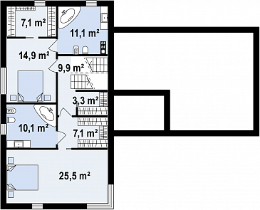 Проект современного двухэтажного дома из кирпича с плоской крышей, с двумя спальнями и подземным гаражом / План 2 этажа Проект современного двухэтажного дома из кирпича с плоской крышей, с двумя спальнями и подземным гаражом / План 2 этажа