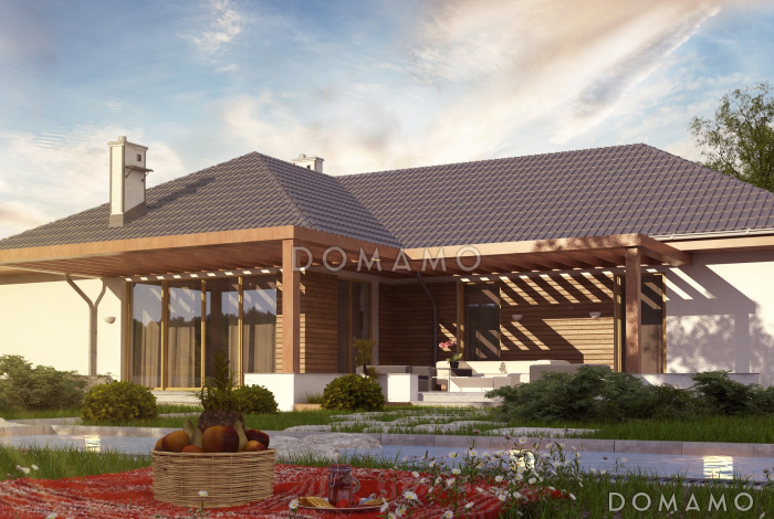 Проект одноэтажного дома из газобетона с просторной гостиной и гаражом на два автомобиля