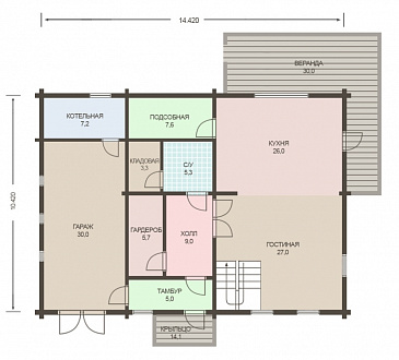 Проект деревянного дома из клееного бруса с встроенным гаражом / План 1 этажа Проект деревянного дома из клееного бруса с встроенным гаражом / План 1 этажа
