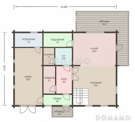 Проект деревянного дома из клееного бруса с встроенным гаражом / План 1 этажа Проект деревянного дома из клееного бруса с встроенным гаражом / План 1 этажа