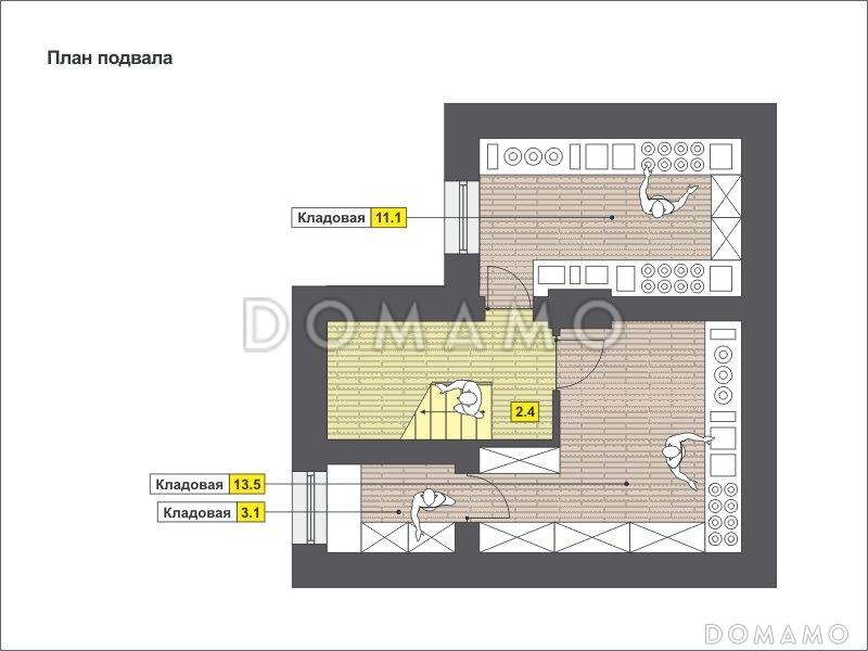 Проект малогабаритного дома с кладовой в подвале, зоной отдыха, двумя спальнями, окном в ванной / План цокольного этажа