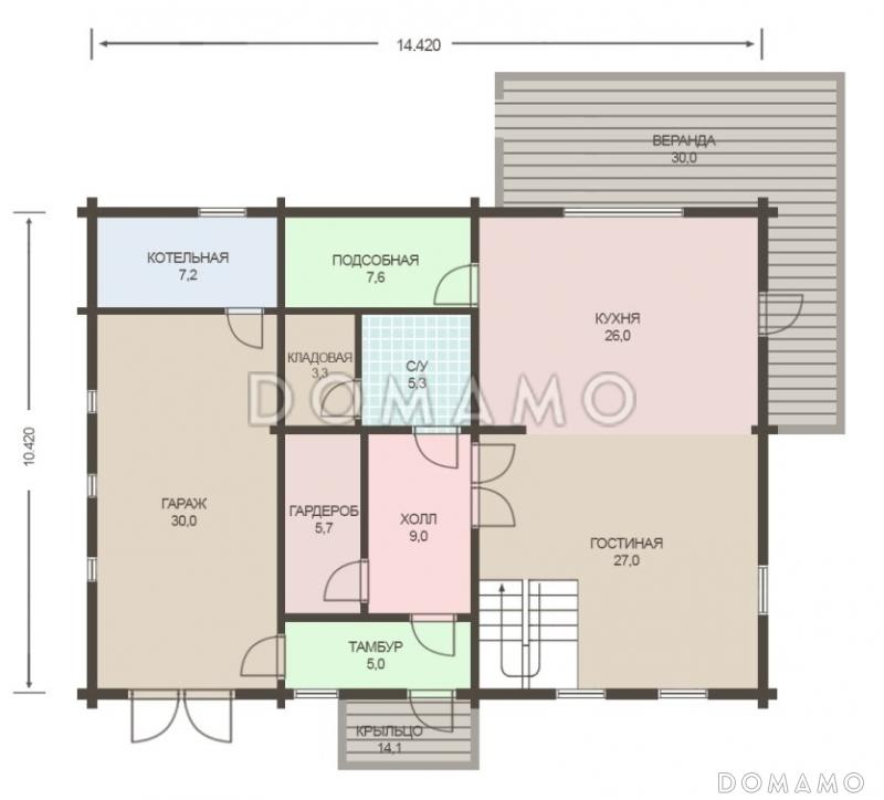 Проект деревянного дома из клееного бруса с встроенным гаражом / План 1 этажа