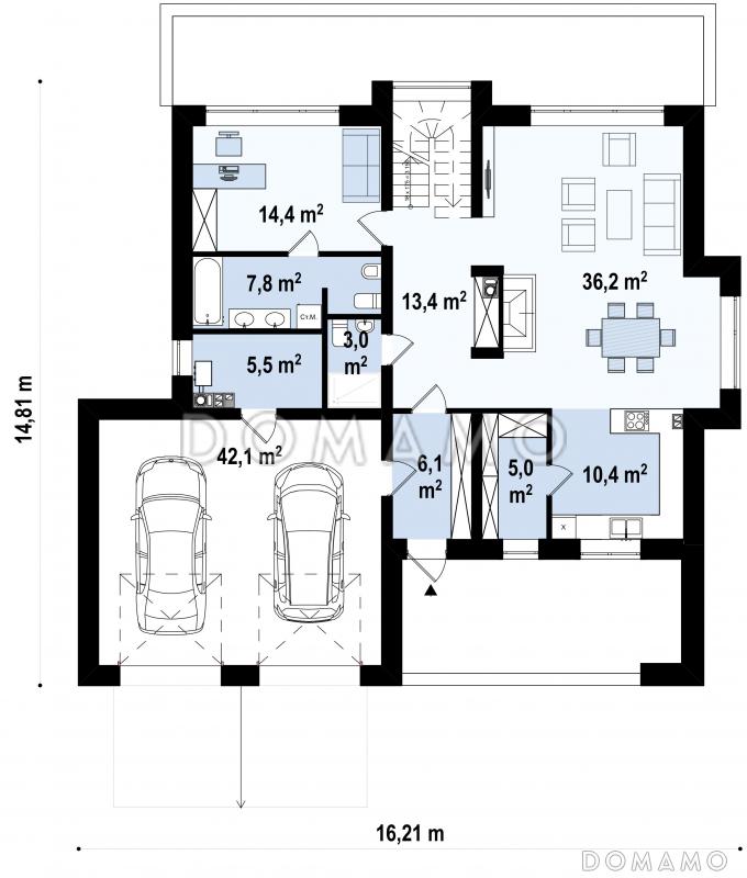 Проект современного двухэтажного дома из кирпича с четырьмя спальнями, кабинетом и большим гаражом / План 1 этажа