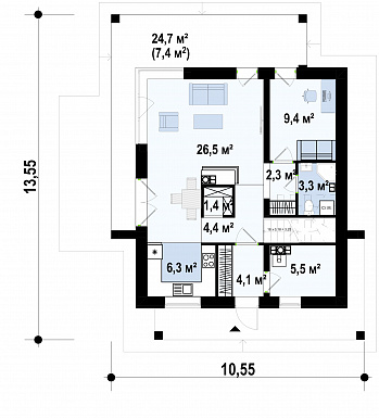 Проект дома со светлой гостиной, кладовой в кухне, спальней на первом этаже, мастер-спальней  на втором этаже / План 1 этажа Проект дома со светлой гостиной, кладовой в кухне, спальней на первом этаже, мастер-спальней  на втором этаже / План 1 этажа