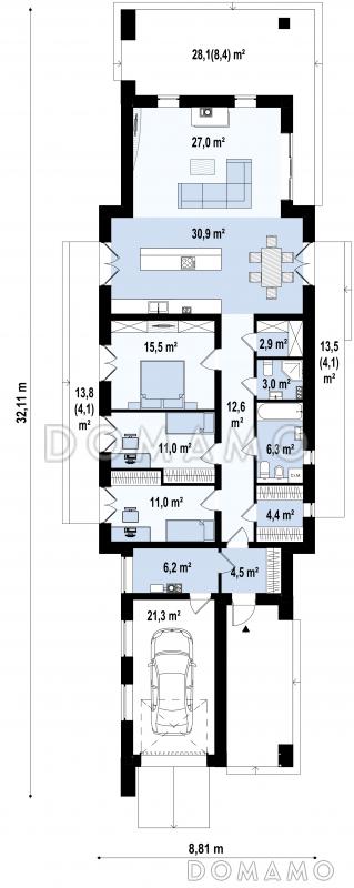 Проект современного одноэтажного дома из кирпича для узкого участка с плоской крышей с тремя спальнями и гаражом / План 1 этажа