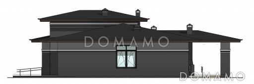 Проект одноэтажного дома с двумя террасами, кухней и гостиной в центральной части дома, сауной / Фасад 3