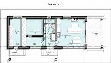 Проект бани с большой комнатой отдыха и крытой террасой / План 1 этажа Проект бани с большой комнатой отдыха и крытой террасой / План 1 этажа