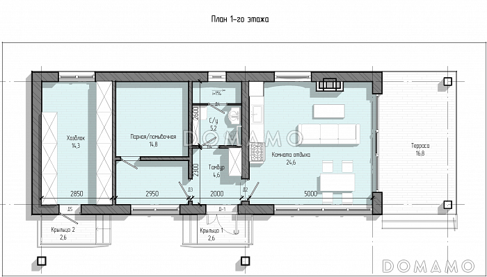 Проект бани с большой комнатой отдыха и крытой террасой / План 1 этажа Проект бани с большой комнатой отдыха и крытой террасой / План 1 этажа
