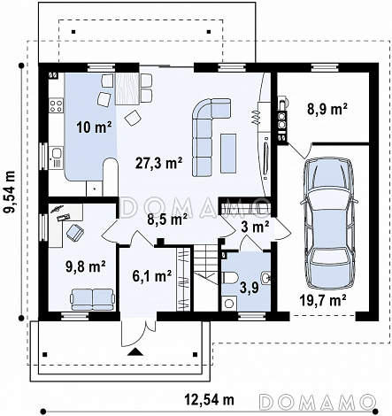 Проект одноэтажного мансардного дома из газобетона с кабинетом, гаражом и двумя балконом по торцам  / План 1 этажа