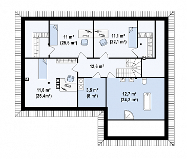 Проект одноэтажного мансардного дома из кирпича с гостевой спальней и кабинетом на первом этаже и встроенным гаражом / План мансардного этажа