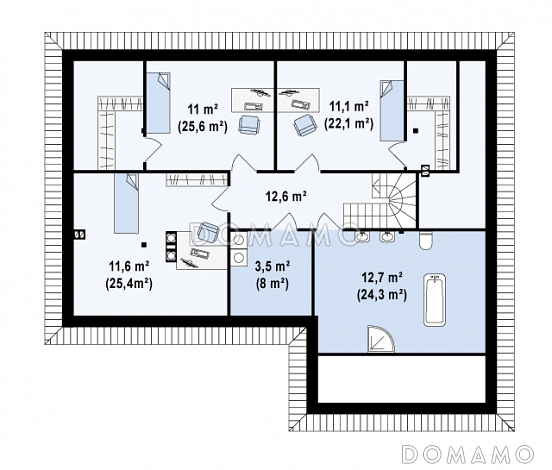 Проект одноэтажного мансардного дома из кирпича с гостевой спальней и кабинетом на первом этаже и встроенным гаражом / План мансардного этажа