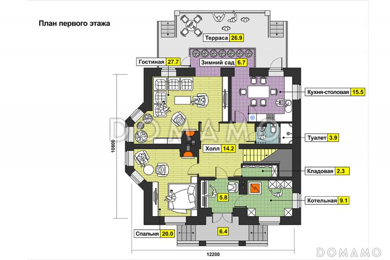 Проект двухэтажного дома с эркером, балконами, зимним садом, спальней на первом этаже / План 1 этажа
