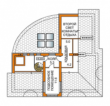 Проект четырехэтажного дома с необычной формой в плане, двусветной гостиной и бассейном / План мансардного этажа Проект четырехэтажного дома с необычной формой в плане, двусветной гостиной и бассейном / План мансардного этажа