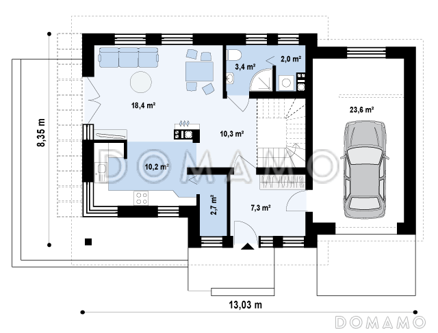 Проект одноэтажного мансардного дома из кирпича с гаражом и тремя спальнями / План 1 этажа