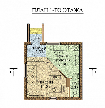Проект компактного гостевого дома / План 1 этажа Проект компактного гостевого дома / План 1 этажа