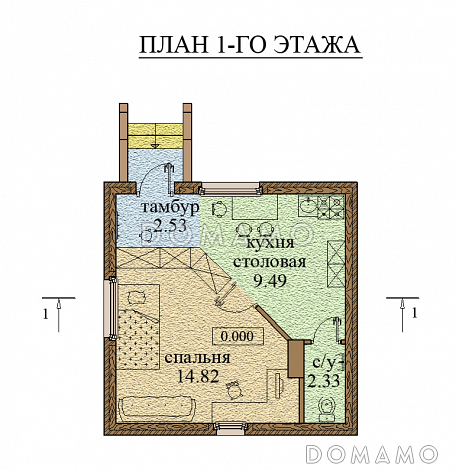 Проект компактного гостевого дома / План 1 этажа Проект компактного гостевого дома / План 1 этажа