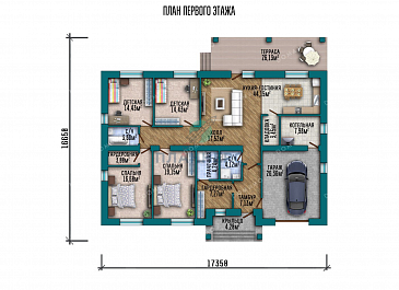 Проект одноэтажного дома со встроенным гаражом и террасой / План 1 этажа Проект одноэтажного дома со встроенным гаражом и террасой / План 1 этажа