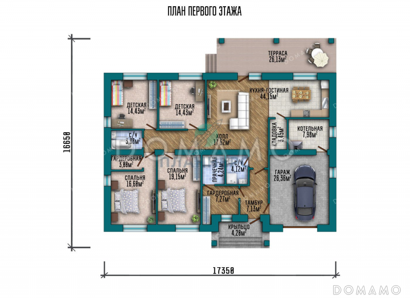 Проект одноэтажного дома со встроенным гаражом и террасой / План 1 этажа