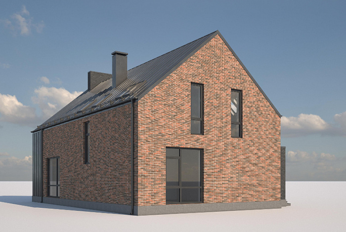 Проект дома с террасой, просторной гостиной, комнатами с санузлом