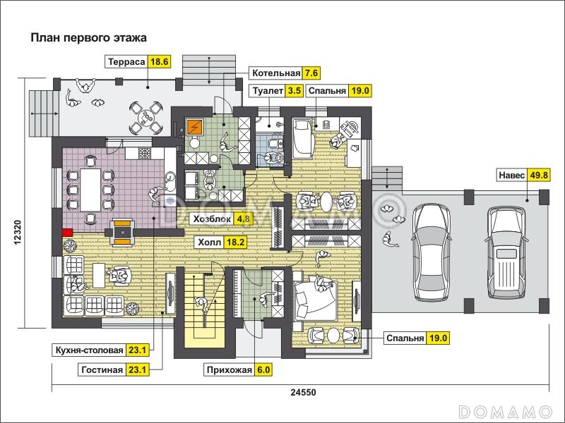 Проект загородного дома с навесом на две машины, двумя спальнями на первом этаже, террасой, вторым светом / План 1 этажа