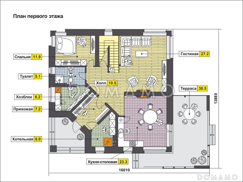 Проект двухэтажного квадратного дома с отрытой террасой, спальней на первом этаже, большой ванной / План 1 этажа