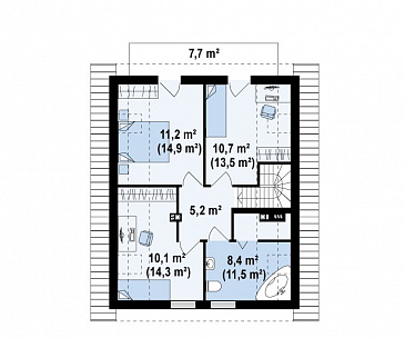 Проект простого одноэтажного мансардного дома из газобетона с тремя спальнями / План мансардного этажа Проект простого одноэтажного мансардного дома из газобетона с тремя спальнями / План мансардного этажа