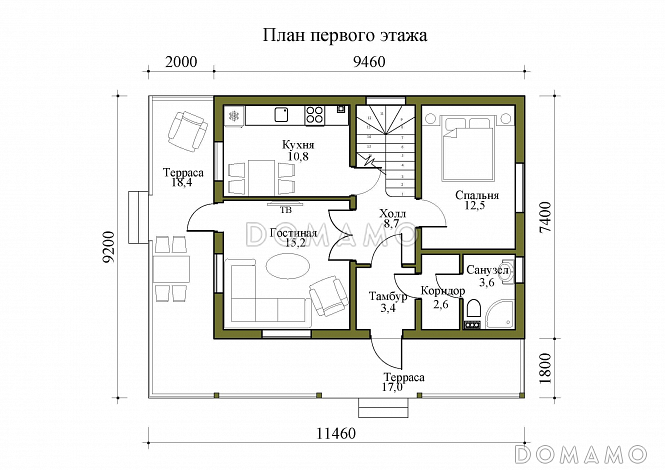 Проект двухэтажного дома с крытой и открытой террасами / План 1 этажа Проект двухэтажного дома с крытой и открытой террасами / План 1 этажа