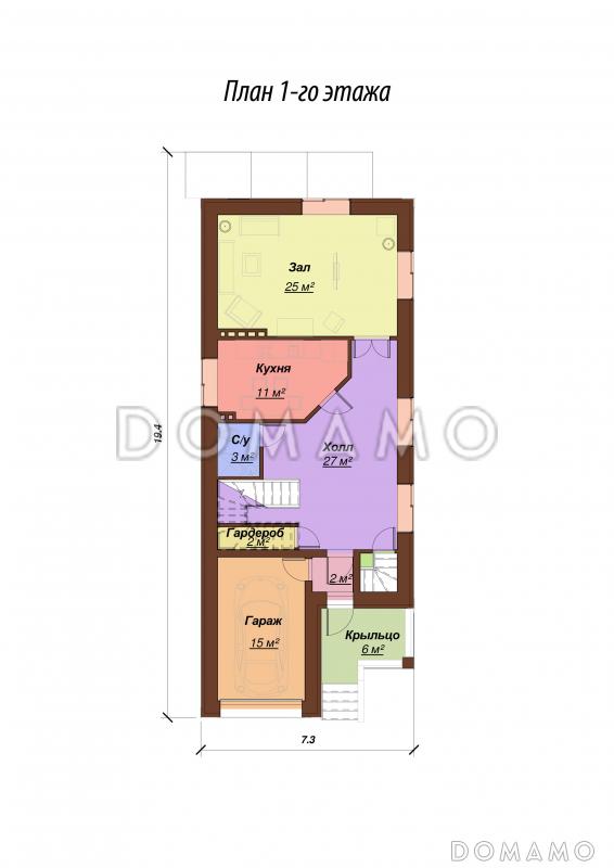 Проект одноэтажного дома с мансардным и цокольным этажами, с гаражом / План 1 этажа