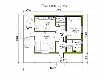 Проект двухэтажного дома с крытой и открытой террасами / План 1 этажа Проект двухэтажного дома с крытой и открытой террасами / План 1 этажа