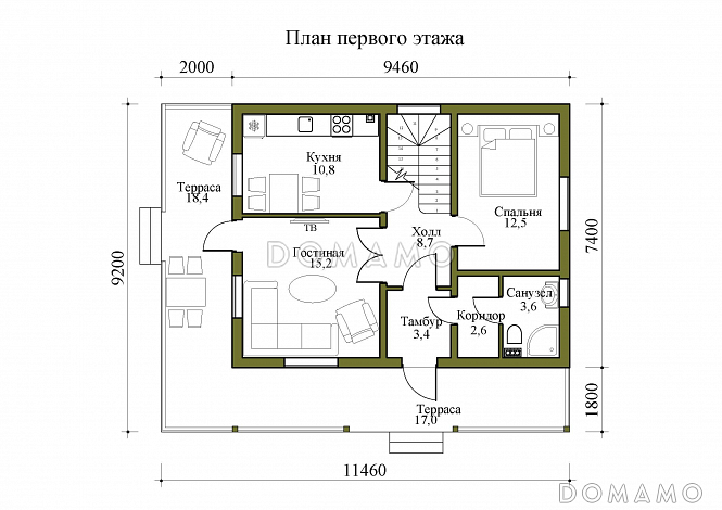 Проект двухэтажного дома с крытой и открытой террасами / План 1 этажа Проект двухэтажного дома с крытой и открытой террасами / План 1 этажа