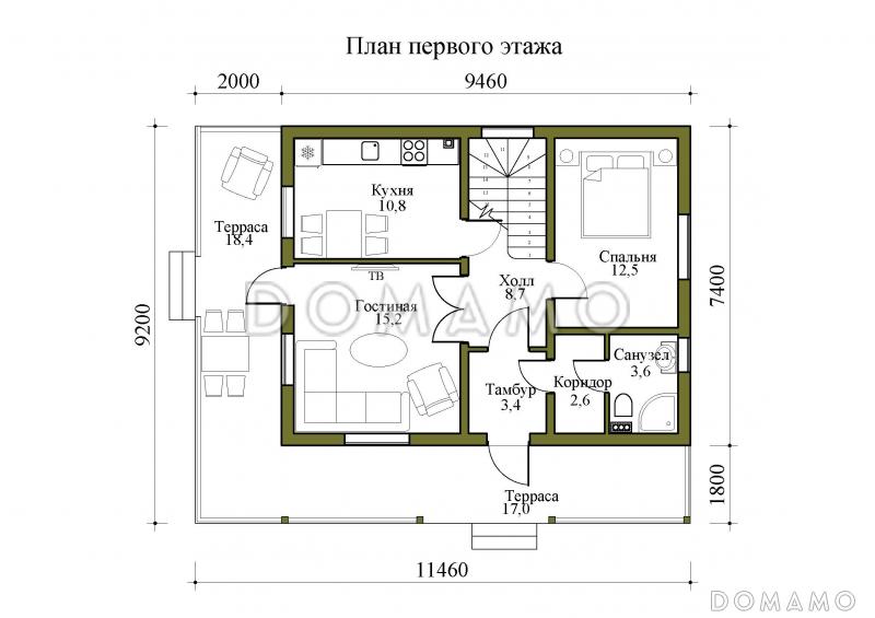 Проект двухэтажного дома с крытой и открытой террасами / План 1 этажа