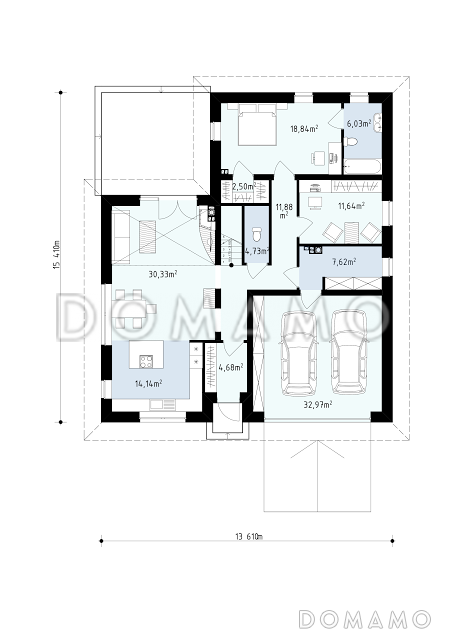Проект просторного одноэтажного мансардного дома из газобетона с кабинетом, спальнями на обоих этаж и гаражом на два автомобиля  / План 1 этажа