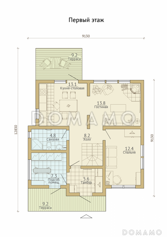 Проект каркасного дома с небольшой открытой террасой / План 1 этажа
